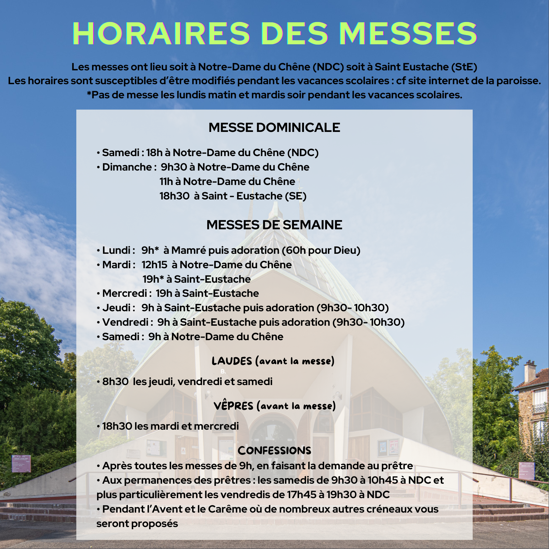 horaires des messes et confessions hors vacances scolaires